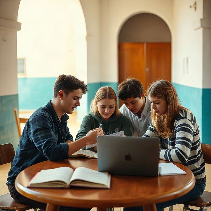 Estudiantes de Maldonadolink trabajando juntos alrededor de una mesa con cuadernos y una computadora
